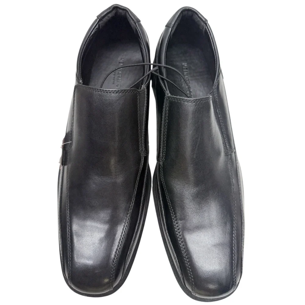 Kenneth Cole  Mens Black Leather Slip On Square Toe Dress Shoes‎ Size 10.5